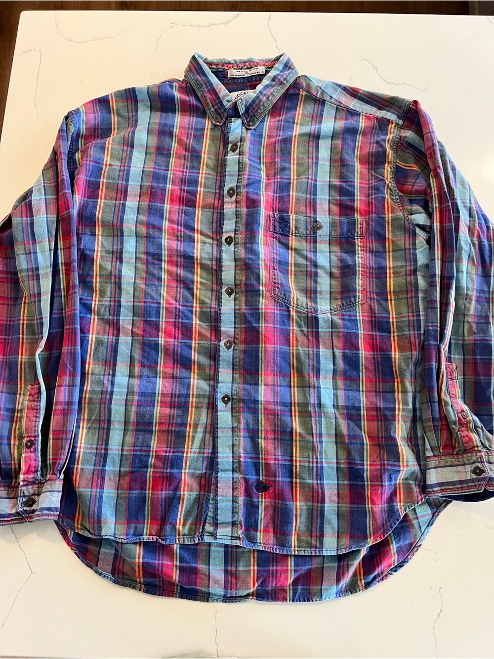 Vintage Dockers Men's Plaid Button-Down Shirt in Blue, pink & yellow